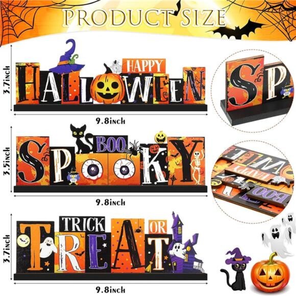 3 Pcs Halloween Table Decorations Pumpkin Table Centerpiece Boo Spooky Wood Sign - Picture 2 of 6